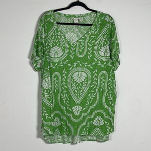 Joie 100% Linen V-Neck Tee Top Womens Sz 2X Floral Green Short Sleeve